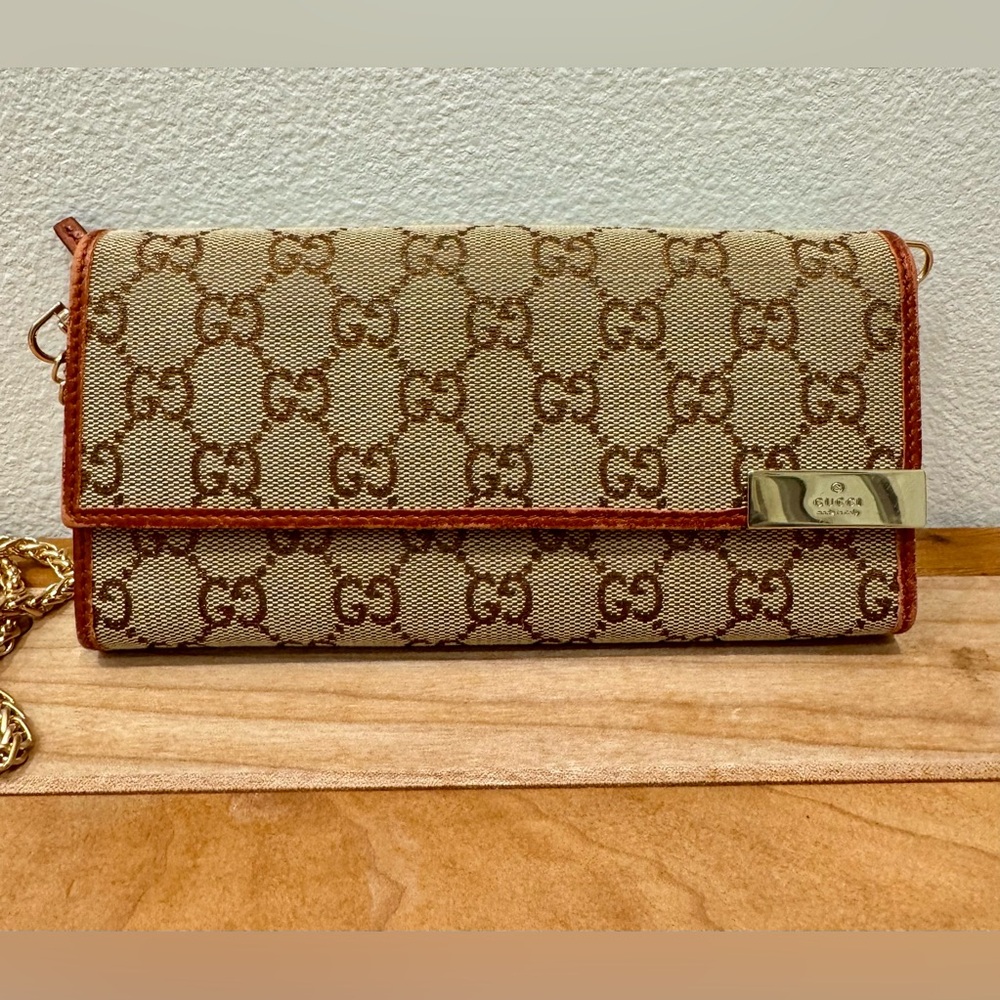 Gucci Monogram Metallic Copper Wallet On Chain w/Sparkly Gs